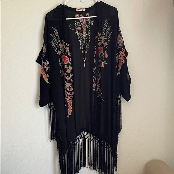 Johnny Was |Black Floral Embroidered Kimono with Fringe - Picture 3 of 11